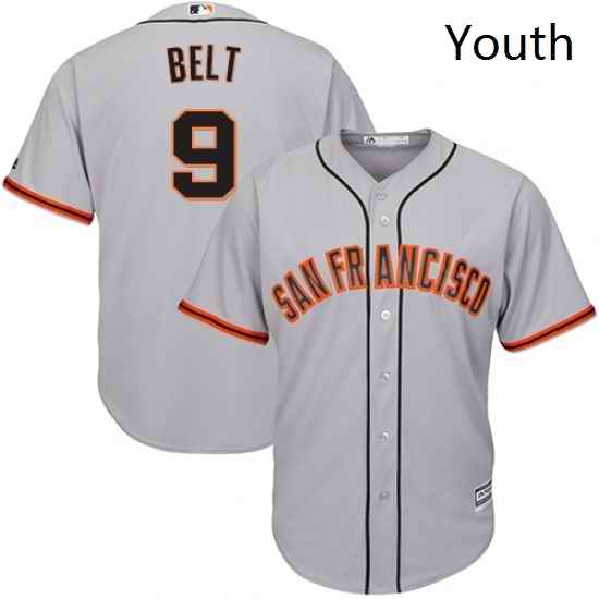 Youth Majestic San Francisco Giants 9 Brandon Belt Replica Grey Road Cool Base MLB Jersey